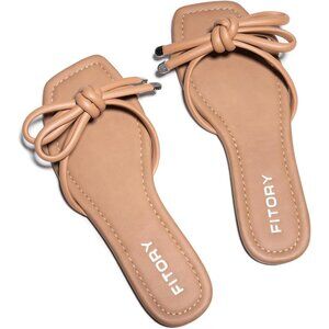 Women's All Tan Square Open Toe Thong Cute Knot  Flat Sandals Shoes